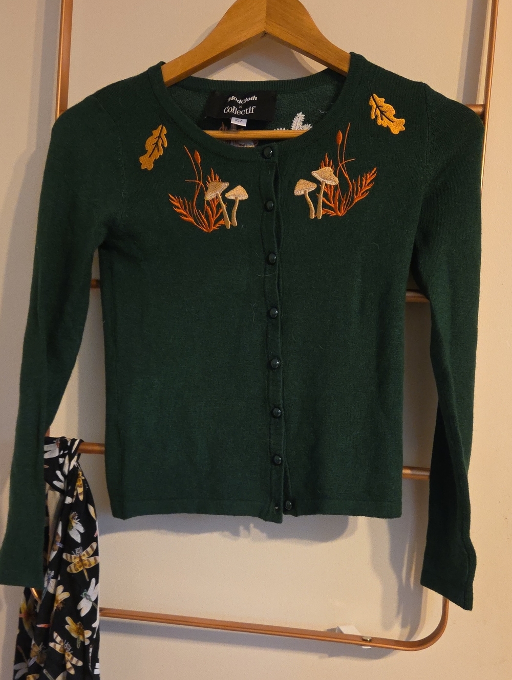 Collectif Dark Green Embroidered Mushroom Cardigan